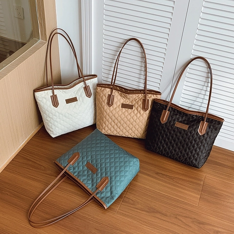 Bolso Tote Acolchado de Gran Capacidad para Mujer Nylon Ligero Patchwork de Cuero PU Conmutar Bolso de Hombro Casual Color Sólido
