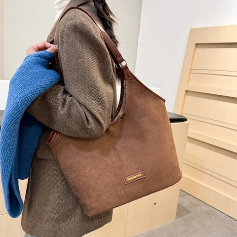 Women Corduroy Large Capacity Tote Bag Frosted Texture Shoulder Bag Solid Color Versatile Lazy Style Commuter Handbag