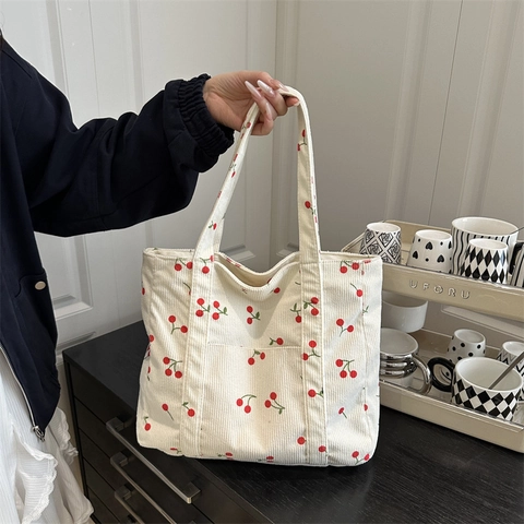 Bolso Tote De Pana Para Mujer Con Estampado De Cerezas Gran Capacidad Bolso De Hombro Estilo Casual