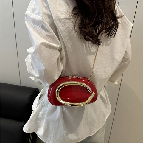 Fashion Women Glossy PU Leather Pillow Crossbody Bag With Large Metal Handle Street Trend Solid Color Zipper Shoulder Bag