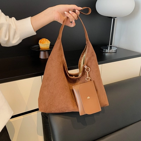 Borsa Tote da Donna di Grande Capacità in Similpelle Scamosciata Borsa a Tracolla Minimalista Con Set di Pochette Abbinato