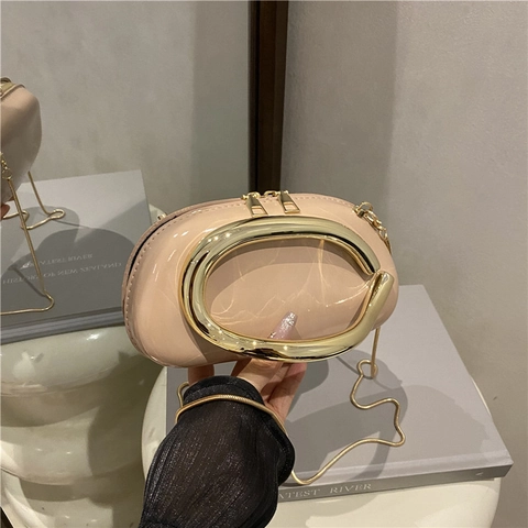 Elegante Borsa a Tracolla da Donna in Pelle PU Lucida Catena Piccola Borsa Quadrata Con Manico in Metallo a Forma di C Oro Borsa da Festa