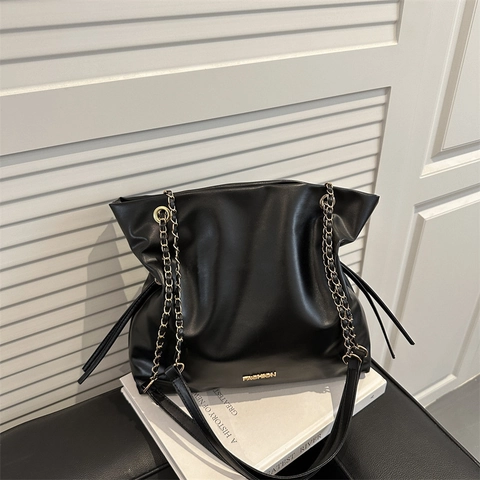 Women Fashion Faux Suede PU Leather Tote Bag Large Capacity Bucket Shoulder Handbag With Chain Strap Commuter Chic