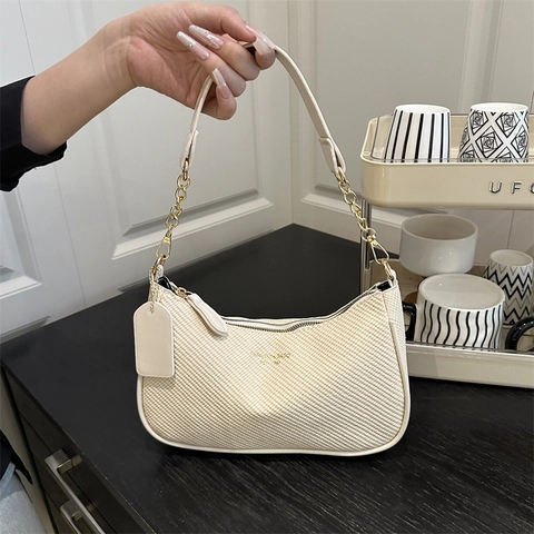 Bolso De Axila Tejido Para Mujer Media Luna Creciente Bolso De Hombro Con Cadena Chic Casual Minimalista Color Liso