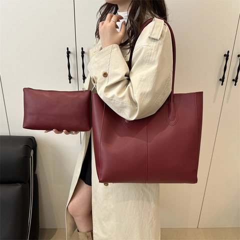 Sac Cabas en Similicuir PU Grande Capacité Avec Pochette Intérieure Femmes Minimaliste Rétro Sac à Épaule Quotidien Navette