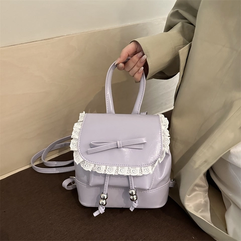 Mini Zaino In Pelle PU Dolce Pizzo Fiocco Coulisse Moda Zainetto Per Donne Ragazze Stile Balletto