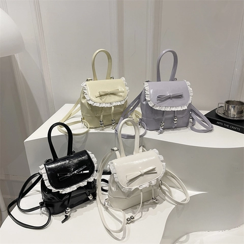 Mini Zaino In Pelle PU Dolce Pizzo Fiocco Coulisse Moda Zainetto Per Donne Ragazze Stile Balletto