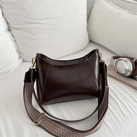 Bolso Hobo de Cuero PU Vintage para Mujer Media Luna Bolso de Hombro Con Correa Ancha Geométrica Bolso de Mano Color Sólido