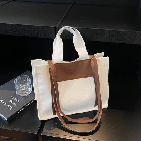 Women Large Capacity Canvas Tote Bag Minimalist Commuter Shoulder Handbag Stitching Synthetic Leather Contrast Color Pocket