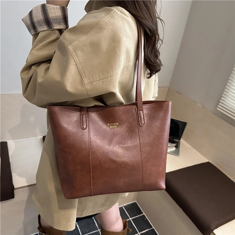 Large Capacity PU Leather Tote Bag for Women 2025 Vintage Stitched Pattern Shoulder Bag Letter Print Top Handle Commuter Handbag