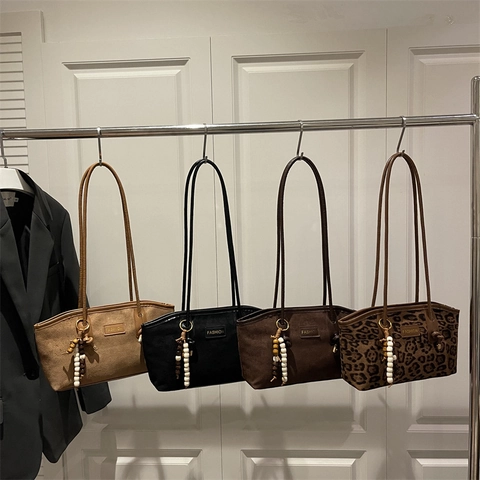 Borsa Sottobraccio Vintage con Stampa Leopardata Donna Borsa a Tracolla in Scamosciato Grande Capacità Minimalista Elegante con Pendente