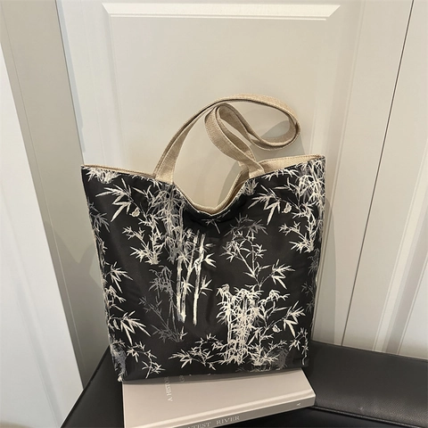 Vintage Chinese Style Bamboo Pattern Tote Bag Large Capacity Canvas Shoulder Bag Casual Shopping Bag For Women Commuting Work