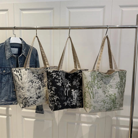 Vintage Chinese Style Bamboo Pattern Tote Bag Large Capacity Canvas Shoulder Bag Casual Shopping Bag For Women Commuting Work