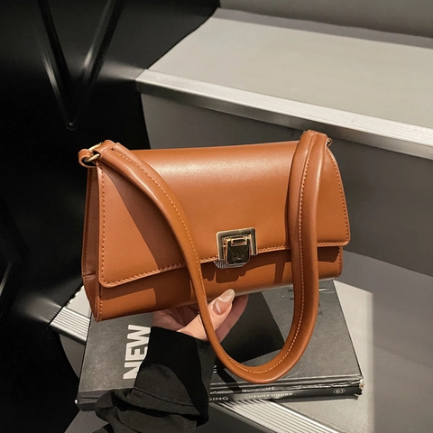 Vintage Minimalistische Damen PU Leder Baguette Unterarmtasche Mit Goldenem Metallschloss Einfarbig Schultertasche Umhängetasche
