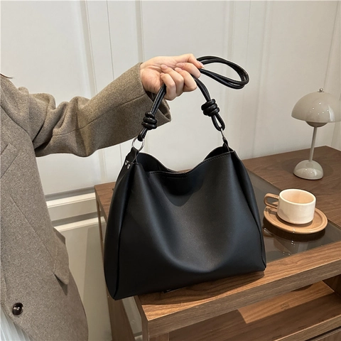 Bolso Tote De Gran Capacidad Para Mujer Cuero PU Suave Retro Bolso De Hombro Detalle De Nudo Minimalista Bolso Cubo