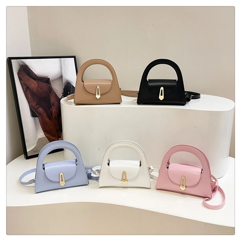 Borsa a Mano da Donna in Pelle PU Minimalista Tinta Unita Design di Nicchia Manico a Cerchio Chiusura Oro Tracolla Chic