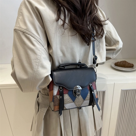 Vintage PU Leder Patchwork Schultertasche Für Damen Geometrische Kontrastfarbe Umhängetasche Kleine Quadratische Handtasche