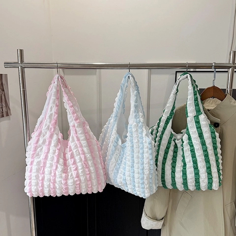 Women Popcorn Texture Tote Bag Large Capacity Lightweight Pleated Bubble Fabric Shoulder Bag Casual Striped Solid Color Hobo Handbag