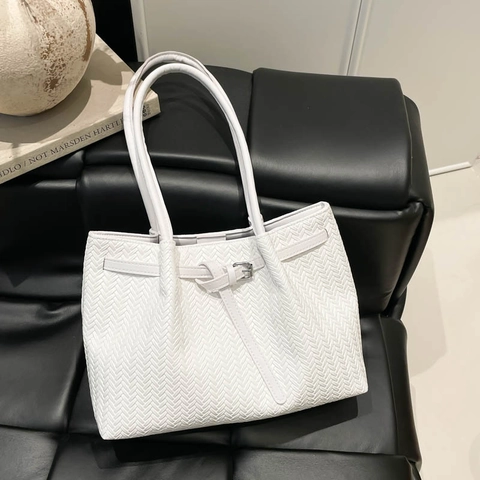 Bolso Tote Tejido de Cuero PU Minimalista para Mujer Bolso de Hombro para Oficina con Hebilla de Cinturón Decorativa