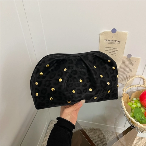 Bolso de Mano para Mujer con Estampado de Leopardo y Remaches Bolso Nube Plisado de Terciopelo Moda Street Style para Fiesta