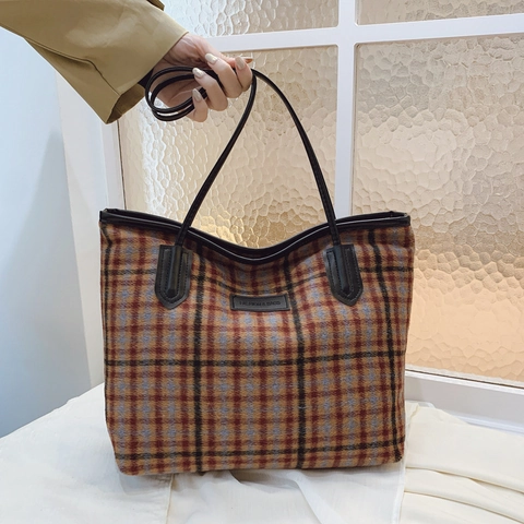 Sac Cabas à Carreaux Grande Capacité Pour Femmes Sac à Épaule Rétro En Laine Avec Sangles En Similicuir Sac à Main Quotidien