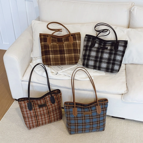 Sac Cabas à Carreaux Grande Capacité Pour Femmes Sac à Épaule Rétro En Laine Avec Sangles En Similicuir Sac à Main Quotidien