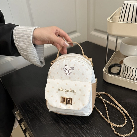 Mini Mochila Lunares Lona Cuero PU Ilustración Gato Correa Cadena Moda Coreana Casual Bolso Mujeres Niñas