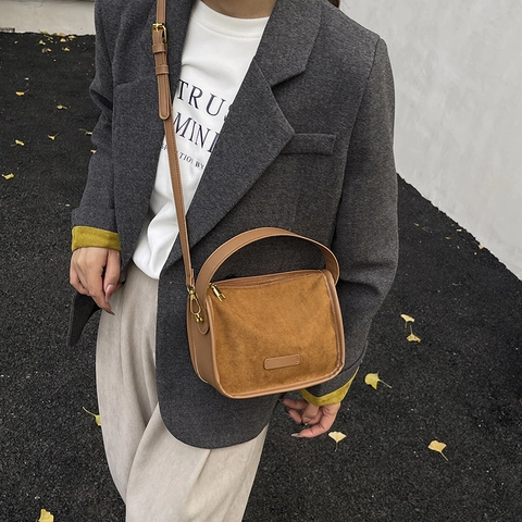 Bolso De Bandolera Retro Para Mujer De Gamuza Y Cuero Sintético Con Asa Superior Correa Ajustable Casual Color Sólido