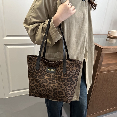 Sac Fourre-tout Mode pour Femmes Grande Capacité Imprimé Léopard Couleur Unie Texture Daim Tissu Oxford Sac Bandoulière Style Coréen