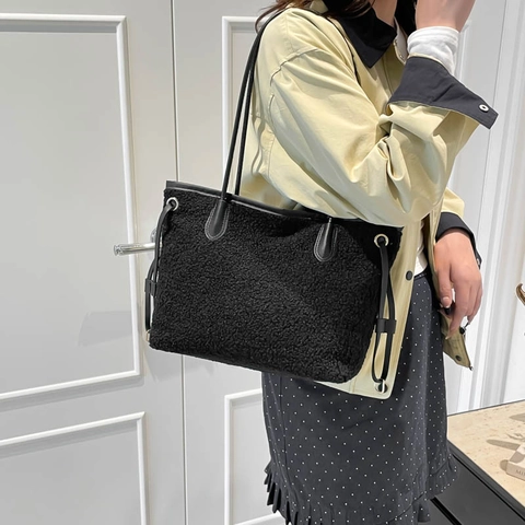 Bolso Tote de Peluche de Gran Capacidad para Mujer Bolso de Mano de Felpa Sherpa Con Correa de Cuero Sintético Moda