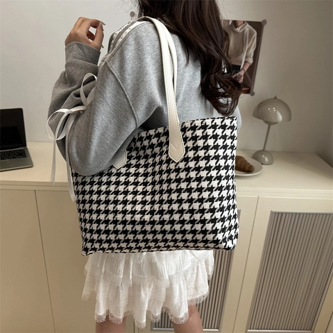 Sac Fourre-tout Grande Capacité Pied-de-poule pour Femmes Mode Style Coréen Sac à Épaule Décontracté à Carreaux