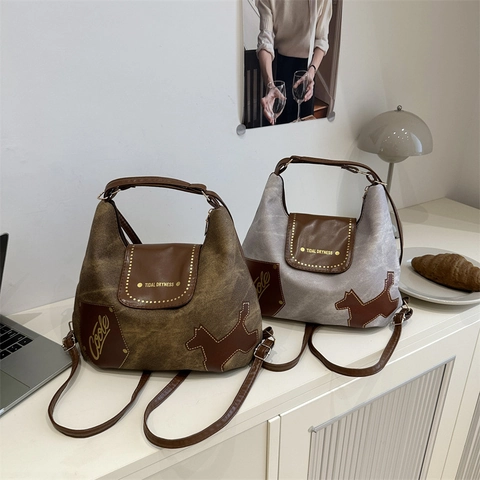 Sac Bandoulière Rétro Toile Patch Cuir Synthétique Motif Chien Sac Cabas Grande Capacité Mode Rue Sac à Main Casual
