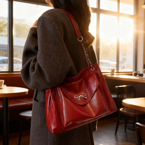 Women Large Capacity PU Leather Tote Bag Bow Decor Chain Strap Fashion Casual Crossbody Bag Commuter Shoulder Purse