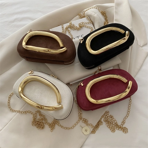 Mini Wildleder Handtasche Mit Großem Goldfarbenem Metallring Griff Und Kette Retro Elegante Umhängetasche Für Damen