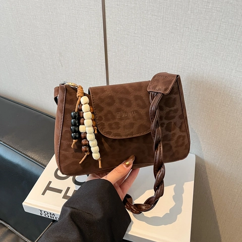 Borsa a Tracolla Vintage con Stampa Leopardata in Finta Pelle Scamosciata e PU Sottobraccio con Tracolla Intrecciata Donna
