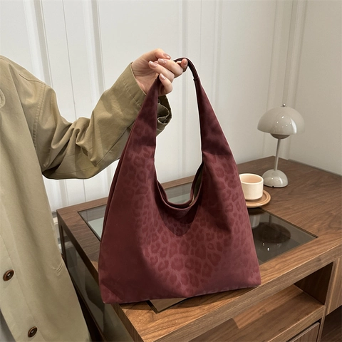 Women Leopard Animal Print Shoulder Bag Suede Texture Large Capacity Underarm Tote Fashion Commuting Daily Use