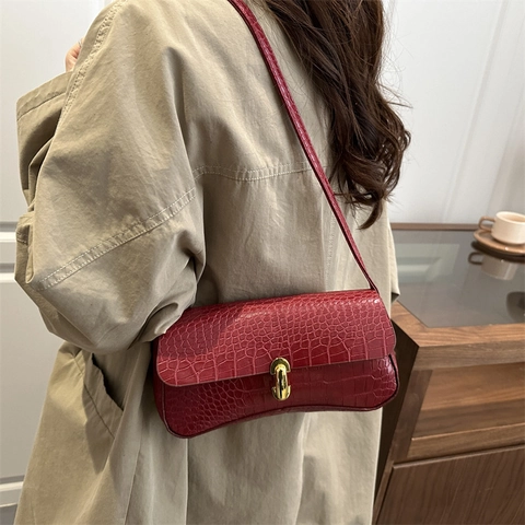 Vintage Krokodilmuster Umhängetasche Für Damen PU Leder Unterarmtasche Mit Goldnem Metallschloss Elegante Straßen-Trend Tote