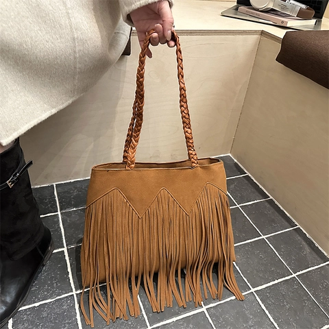 Bolso Tote Retro Gran Capacidad Gamuza Sintética para Mujer Bohemio Borlas Bolso de Hombro Con Asa Trenzada Color Sólido Casual