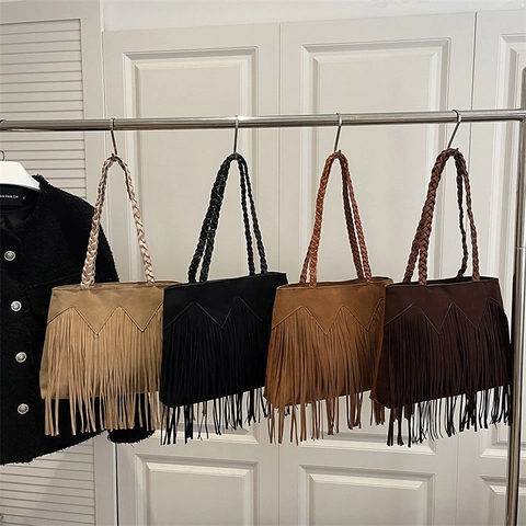 Bolso Tote Retro Gran Capacidad Gamuza Sintética para Mujer Bohemio Borlas Bolso de Hombro Con Asa Trenzada Color Sólido Casual