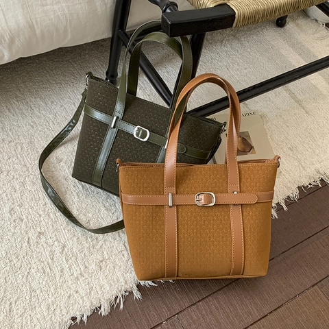 Vintage PU Leather Fabric Splicing Tote Bag For Women Large Capacity Minimalist Shoulder Bag Metal Buckle Commuting Handbag