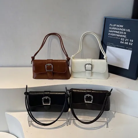 Bolso de Hombro Baguette de Cuero PU Vintage para Mujer Solapa con Hebilla Plateada Cuadrada Bolso Bandolera Color Sólido