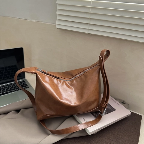 Damen Retro PU Leder Umhängetasche Große Kapazität Weich Minimalistische Schultertasche Hobo Tasche Verstellbarer Gurt