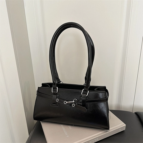 Retro PU Leather Baguette Bag For Women With Metal Buckle Underarm Shoulder Handbag Simple Vintage French Style Daily