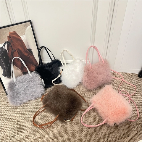 Bolso de Mano de Peluche de Piel Sintética para Mujer Estilo Coreano Ins Otoño Invierno Bolso de Hombro Color Sólido Moda Viajera