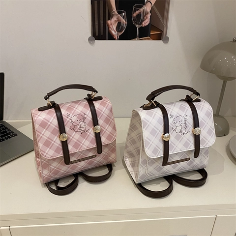 Mode Karo Mini Rucksack Für Damen Süßer Cartoon Hund Muster PU Leder Kleine Quadratische Schultertasche Koreanischer Stil Alltag