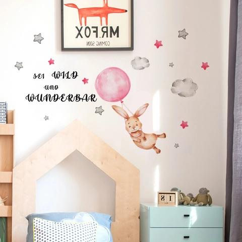 Stickers Muraux Lapin Ballon Aquarelle PVC Autocollant Décoration Chambre Enfant Nuages Étoiles Citation Allemande
