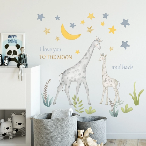 Aquarel Giraffe Maan Sterren Muurstickers Voor Kinderkamer Decor I Love You To The Moon And Back Babykamer Muurstickers