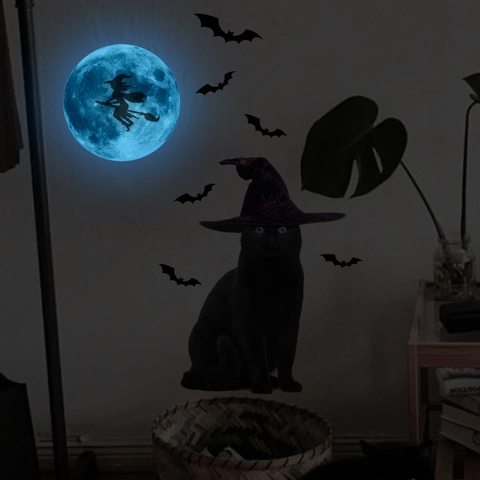 Luminous Halloween Wall Stickers Glow In The Dark Moon Bat Cat Witch Silhouette PVC Self Adhesive Decal For Party Decor