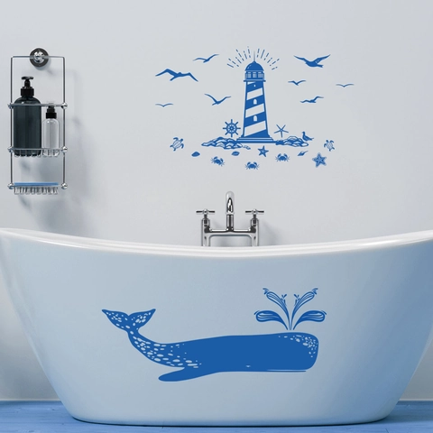 Blue Whale Lighthouse Nautical Ocean Theme Bathroom Wall Sticker Waterproof Self Adhesive Bathtub Decoration PVC Decal