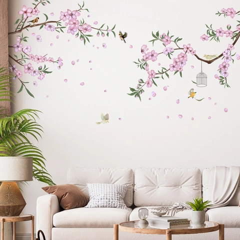 Vinilo Decorativo de Pared con Flor de Cerezo Rosa y Jaula de Pájaros para Dormitorio Sala de Estar PVC Removible Mural DIY